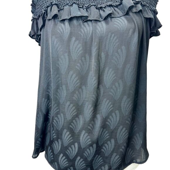Anthropologie Black Leaf Print Finn Open Shoulder Ruffle Smocked Blouse S NWT - Picture 4 of 12